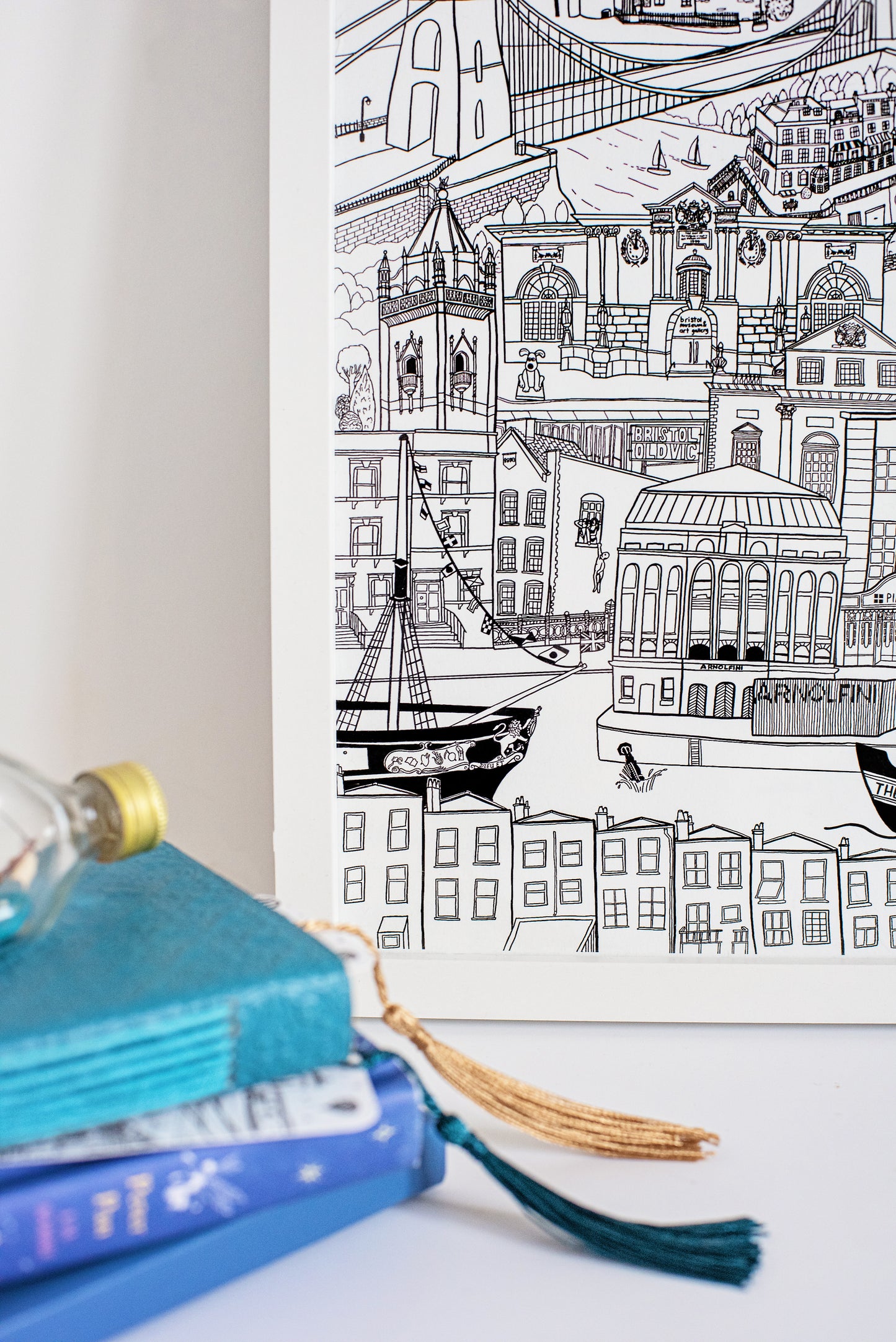A closer look at the left side of the Bristol art print, showing further details on the streets and walls of Bristol.